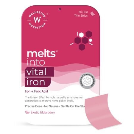 Wellbeing Nutrition Melts Vital Iron 19mg | Doctor Formulated Chelated Iron, Vitamin C, Folic Acid, Zinc, Beetroot, Pumpkin Seed for Hemoglobin, Anemia & Blood Building, 30 Oral Strips