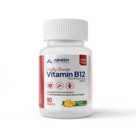 ABHEDA HEALTHCARE Vitamin B12 1500mcg Tablets - Fast Absorbing Mouth Dissolving Supplement - Delicious Mango Flavor - 90 Count - High Potency for Energy, Metabolism & Immune Support