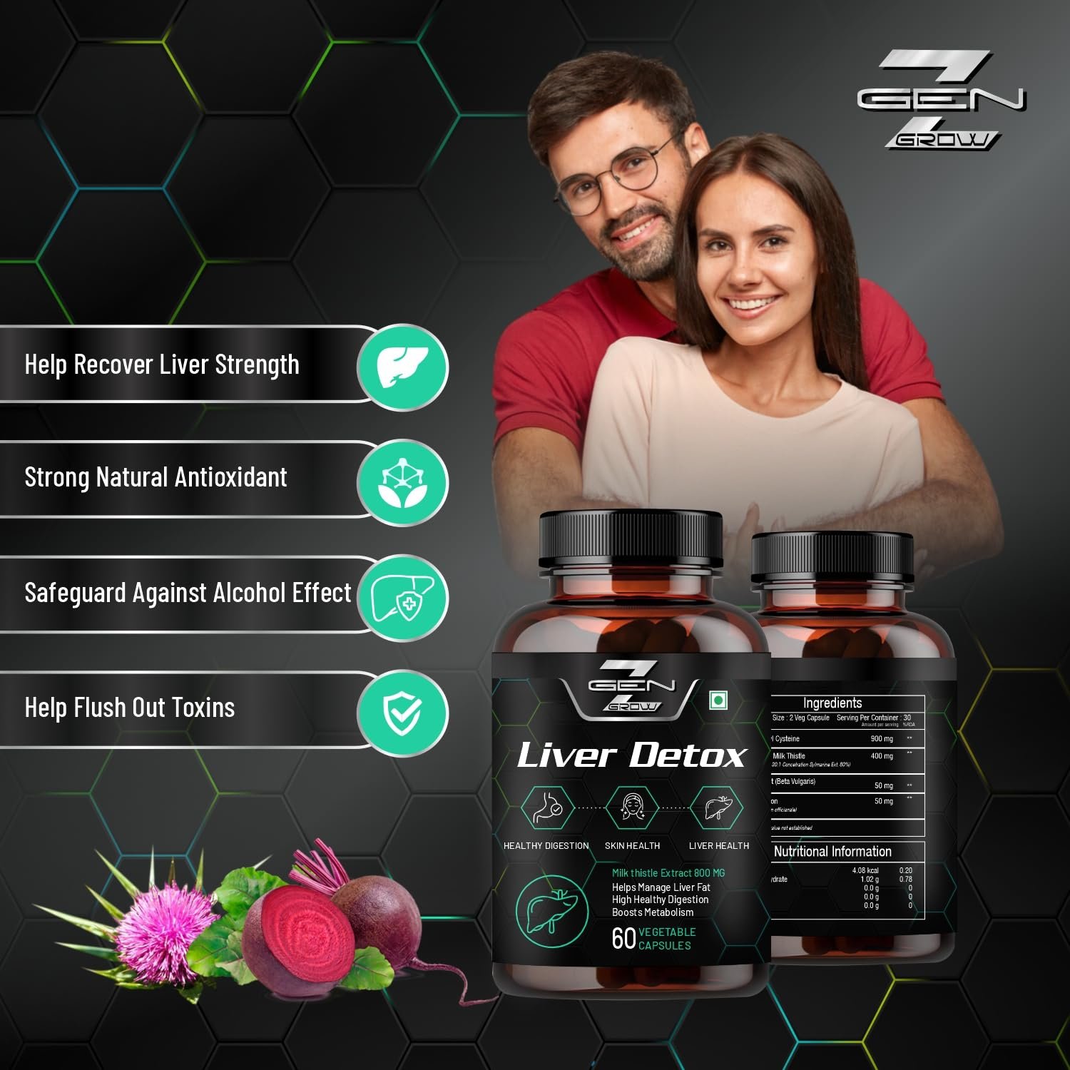 GenZ Grow Liver Detox Supplement with Milk Thistle Extract 800mg (30:1) N-Acetyl Cysteine | Beetroot (beta Vulgaris) | Support Fatty Liver and helps Detoxification & Digestion|60 Vegetable Capsule - Image 4