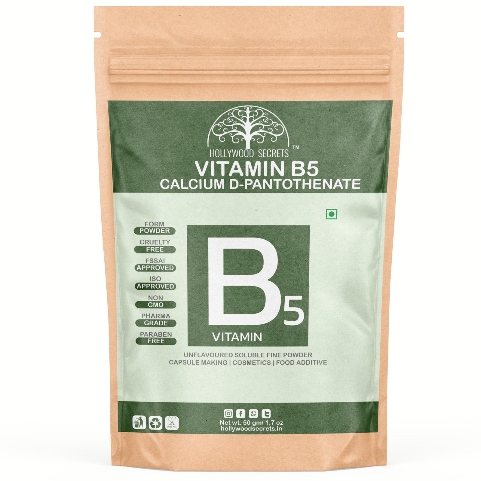 Hollywood Secrets Pure Provitamin B5 Calcium D Pantothenate powder 50gm