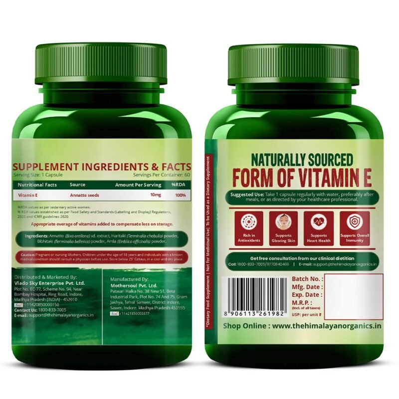 Vlado's Himalayan Organics Plant Based Vitamin E Capsules | Antioxidant Support, Naturally Nourished Skin & Hair For Men & Women - 60 Capsules - Image 2