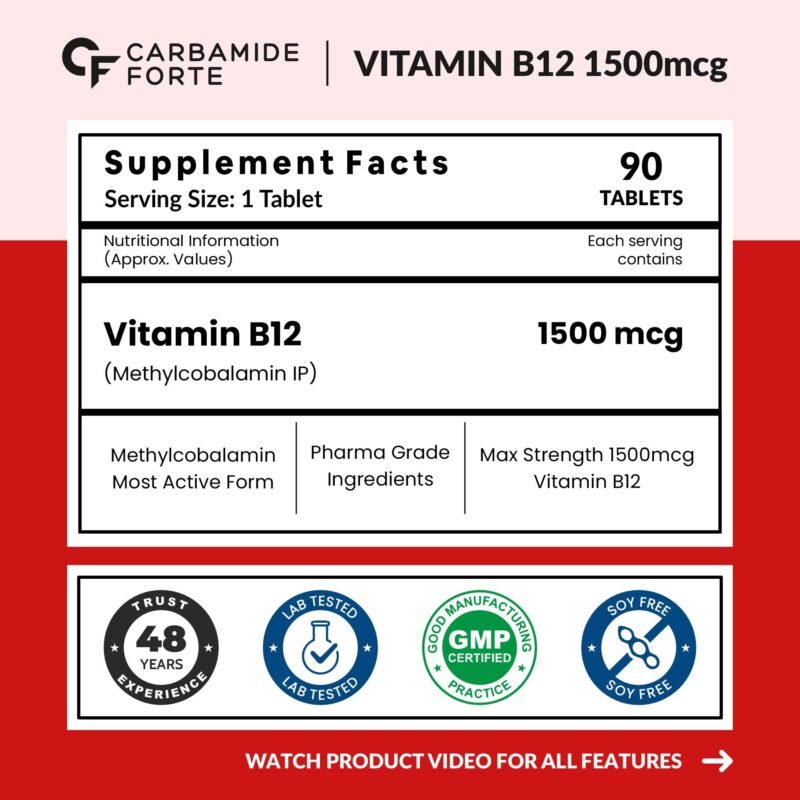 Carbamide Forte Vitamin B12 Tablets 1500 mcg -Active form of Methylcobalamin Vitamin B12 Supplements for Men & Women- 90 Veg Tablets - Image 8