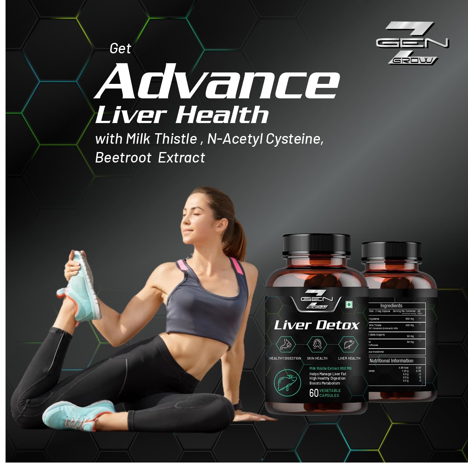 GenZ Grow Liver Detox Supplement with Milk Thistle Extract 800mg (30:1) N-Acetyl Cysteine | Beetroot (beta Vulgaris) | Support Fatty Liver and helps Detoxification & Digestion|60 Vegetable Capsule - Image 3