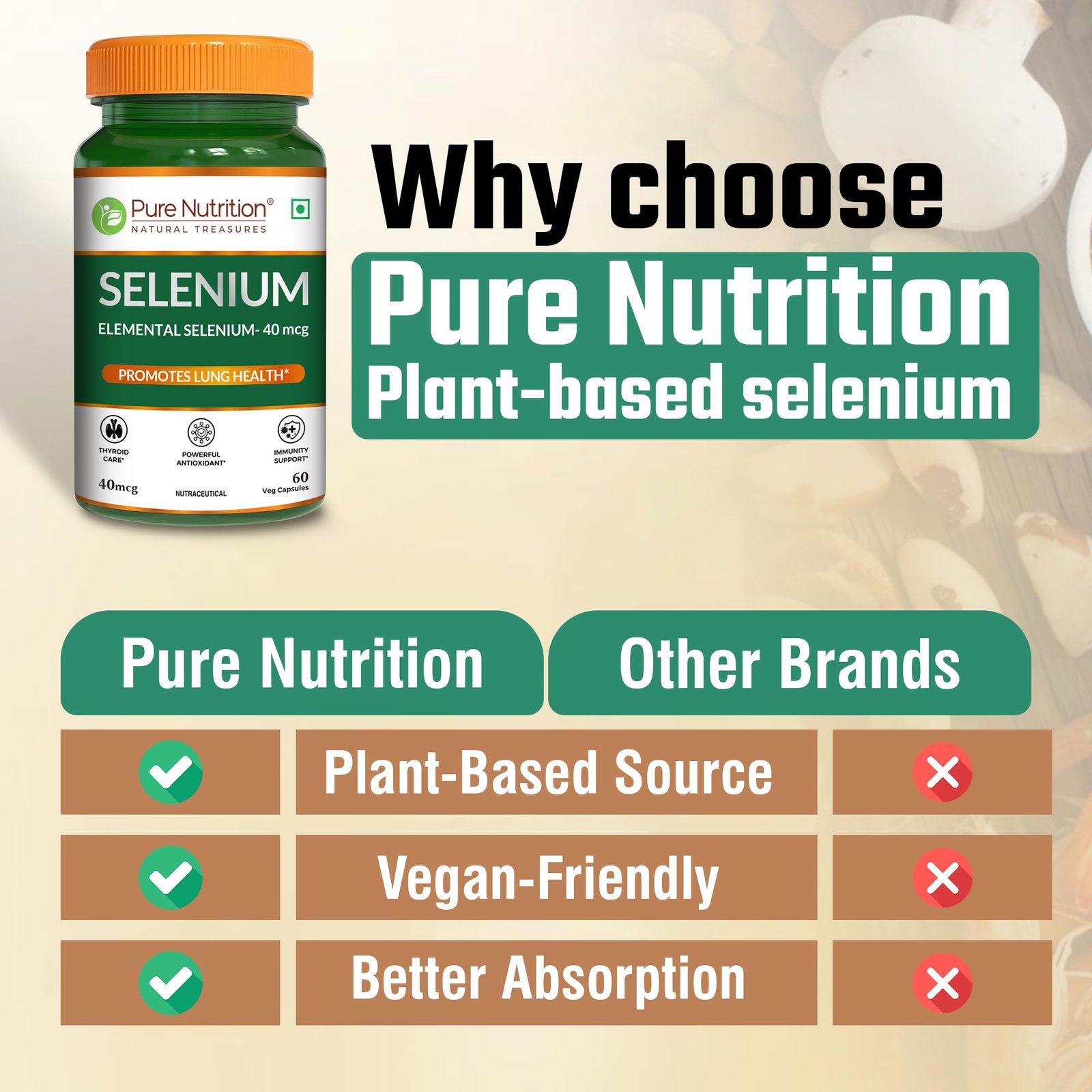Pure Nutrition Selenium 40mcg, 60 Veg Capsules | Selenium Supplements for Immune System, Supports Healthy Blood Pressure, Thyroid Health & Improves Cholesterol Levels - Image 3