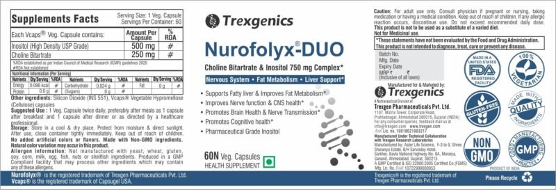 Trexgenics NUROFOLYX-DUO Choline-Inositol Complex 750 mg Nervous System, Brain & Fat Metabolism (60 Veg Capsules) (1) - Image 6