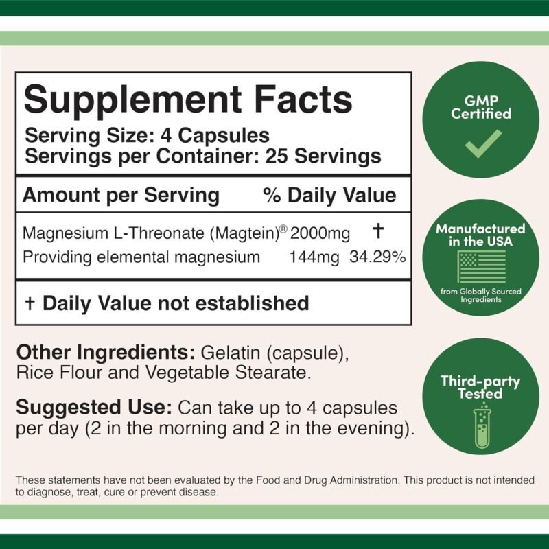ATHNIKA NUTRITIONS Magnesium L Threonate Capsules (Magtein) – High Absorption Supplement – Bioavailable Form for Sleep and Cognitive Function Support – 2,000 mg – 100 Capsules - Image 7