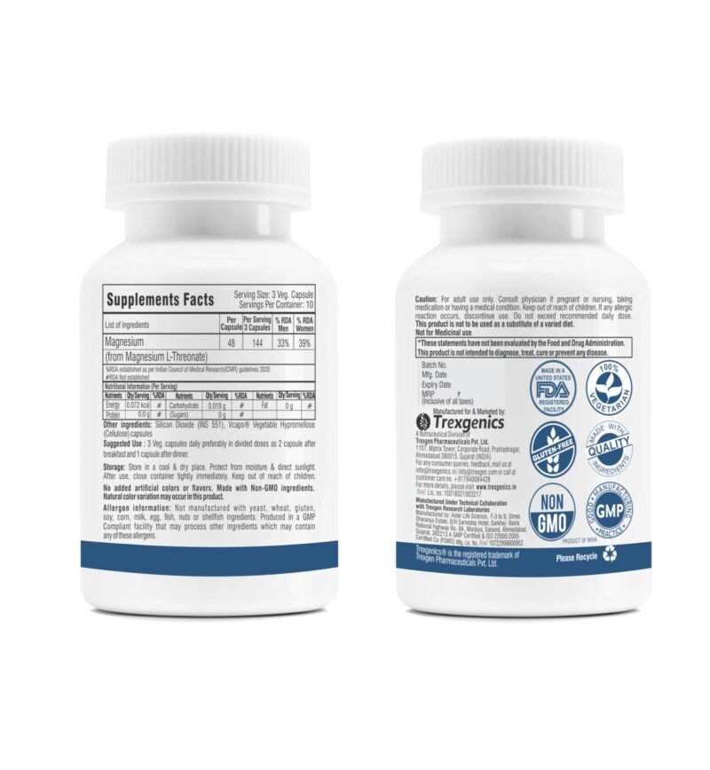 Trexgenics MAGNESIUM L-THREONATE Next Generation Bioavailable Magnesium, Cognitive Function & Brain Health Support (30 Veg. Capsules) (Pack of 1) - Image 8