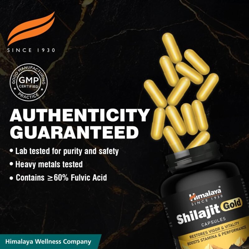 Himalaya Shilajit/Shilajeet Gold Capsules | 100% Pure Himalayan Shilajit + 24 Carat Gold | 20 Capsules | Restores Vigor and Vitality | Boosts Stamina and Performance - Image 2