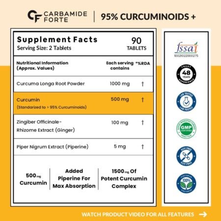 Carbamide Forte Curcumin Tablets with Piperine and 95% Curcuminoids | Anti inflammatory Supplement for Adults | With Curcuma Longa, Turmeric & Ginger Root extract | 90 Veg Tablets
