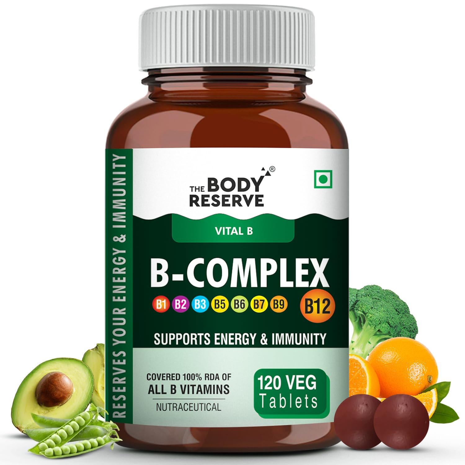 The Body Reserve Vitamin B Complex Tablets- 120 Veg Tablets 100% Rda Of Vitamin B1, B2, B3, B5, B6, B7, B9 & B12, Vitamin B Complex Supplements For Women & Men (4 Months Supply Pack)