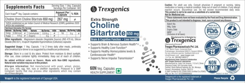 Trexgenics CHOLINE BITARTRATE 650 mg Cognitive Function, Fat Metabolism, Brain & Nervous System Health Support VEGAN & NON-GMO (60 Veg. Capsules) (Pack of 1) - Image 6
