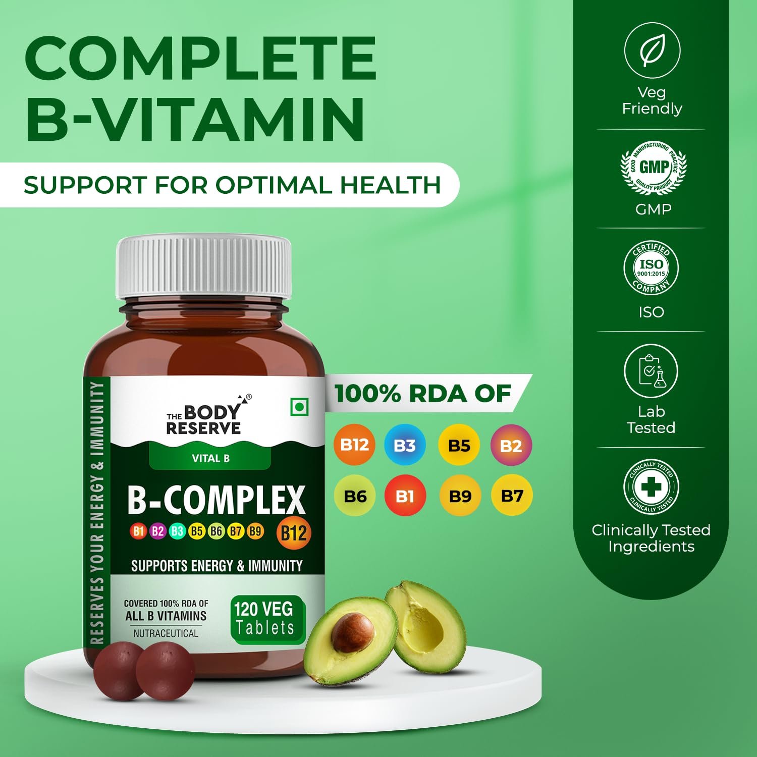 The Body Reserve Vitamin B Complex Tablets- 120 Veg Tablets 100% Rda Of Vitamin B1, B2, B3, B5, B6, B7, B9 & B12, Vitamin B Complex Supplements For Women & Men (4 Months Supply Pack) - Image 6