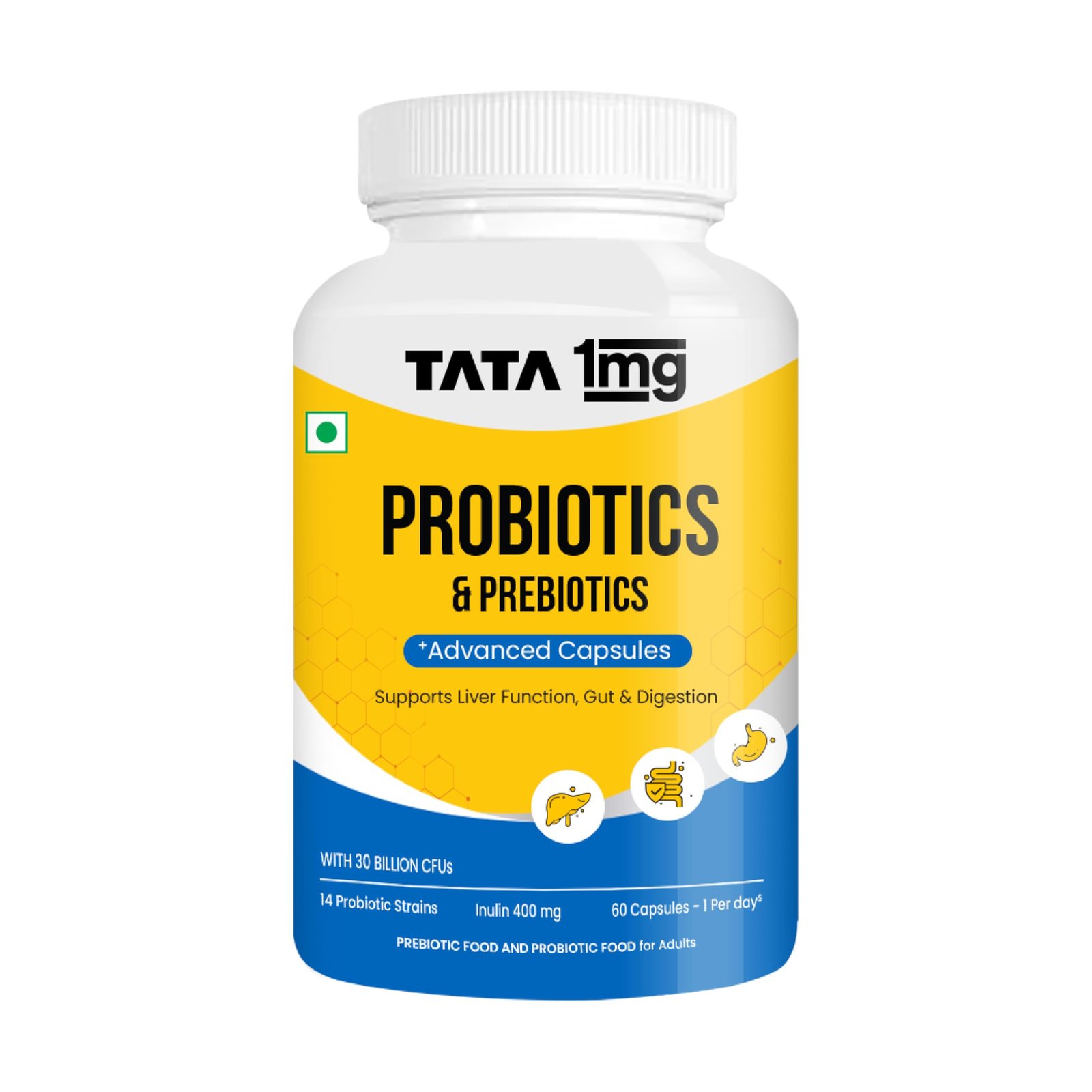 Tata 1mg Probiotics 30 Billion CFUs+ Capsules with Prebiotic Fiber- 60 Count | Gut Health & Digestion Support Supplement | For Men & Women