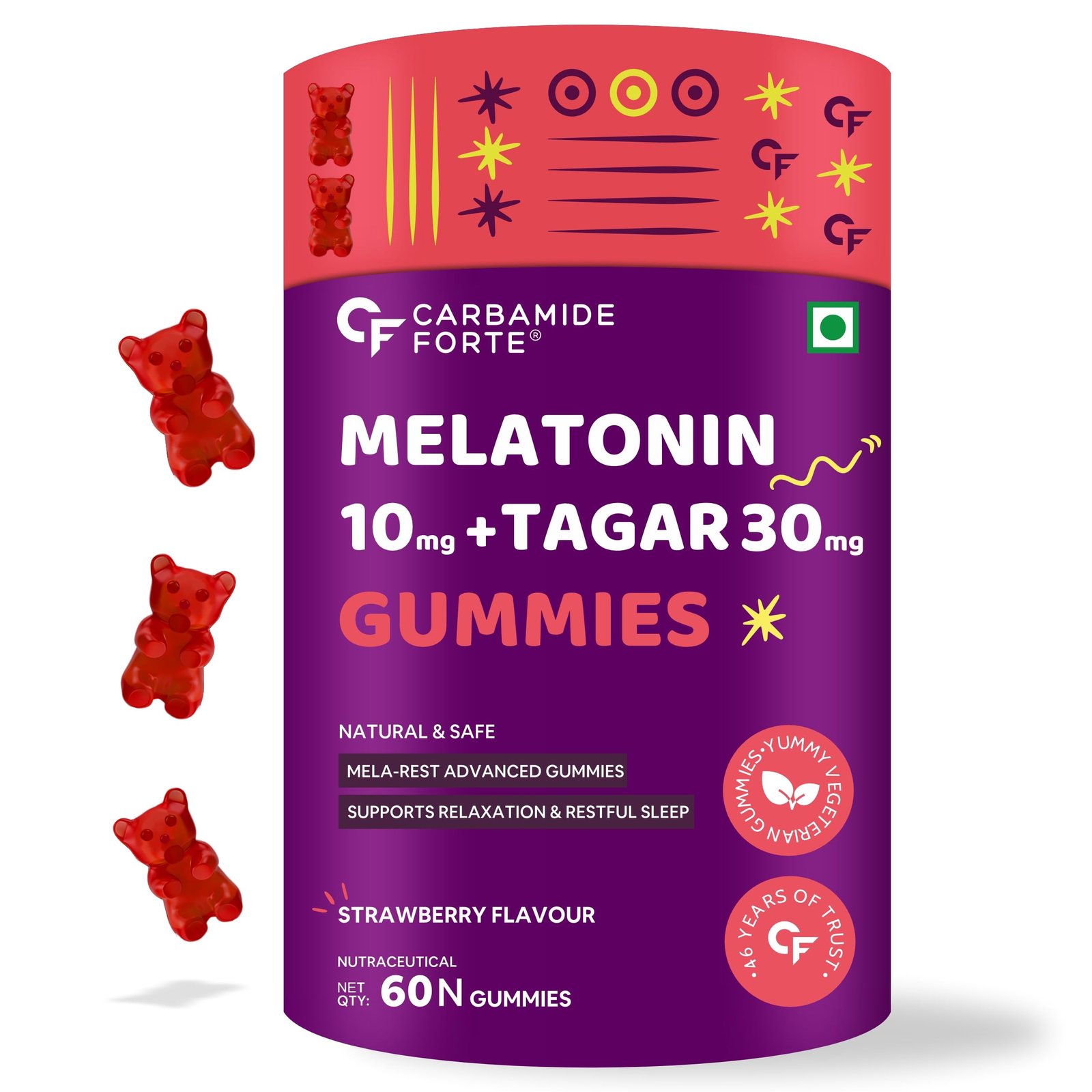 Carbamide Forte Melatonin 10 mg sleep Gummies - with TAGARA, L Tryptophan & Vitamin B6 | Sleep Supplements – 60 Veg Gummies