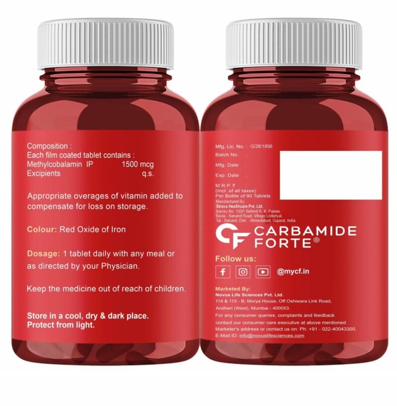 Carbamide Forte Vitamin B12 Tablets 1500 mcg -Active form of Methylcobalamin Vitamin B12 Supplements for Men & Women- 90 Veg Tablets - Image 2