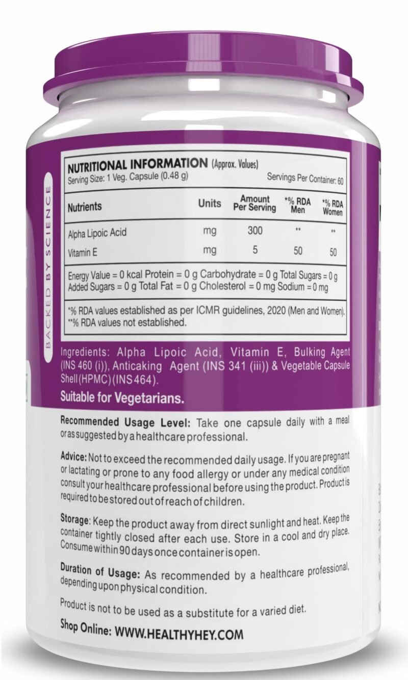 HealthyHey Nutrition Alpha Lipoic Acid - ALA- Pack of 60 Veg. Capsules - Gluten Free & Non-GMO, 133 grams - Image 7