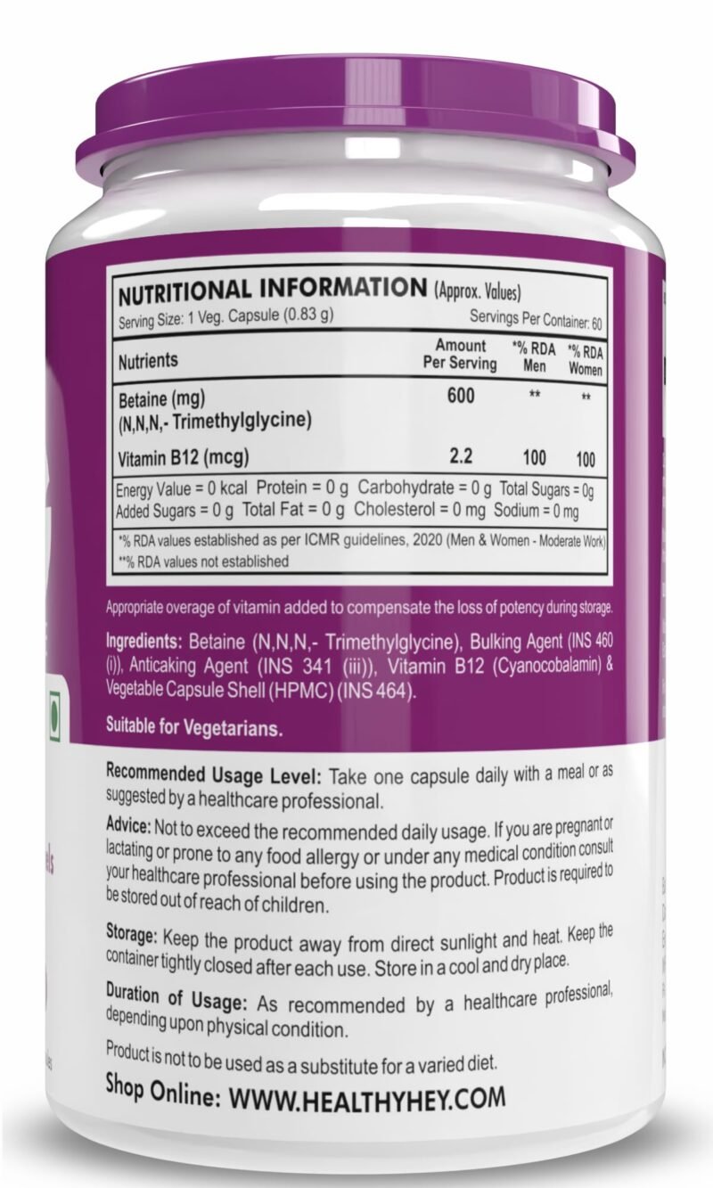 HealthyHey Nutrition TMG trimethylglycine with Vitamin B12-600mg/serving - 60 vegetable capsules - Image 6