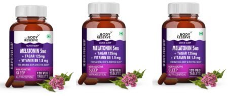 The Body Reserve Melatonin 5mg with Tagar 125mg - 120 Veg Tablets for Natural Sleep Aid, Muscle Recovery, Nerve Relaxation, and Stress Relief - Non-Habit Forming Sleep Aid for Men & Women, Pack of 3