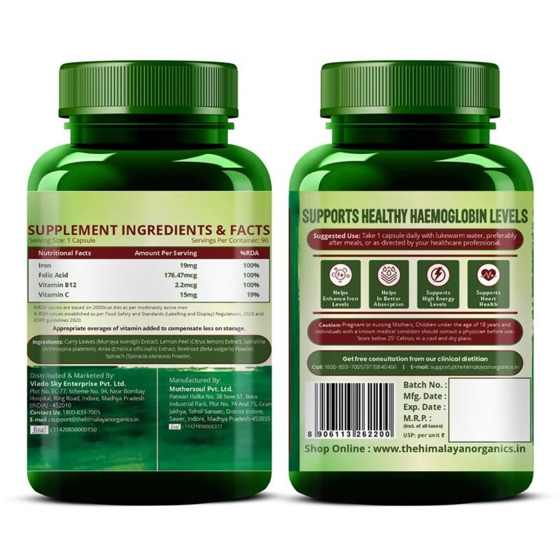 Vlado's Himalayan Organics Plant Based Iron Supplement With Folate | Boost Energy (90 Capsules) - Image 2