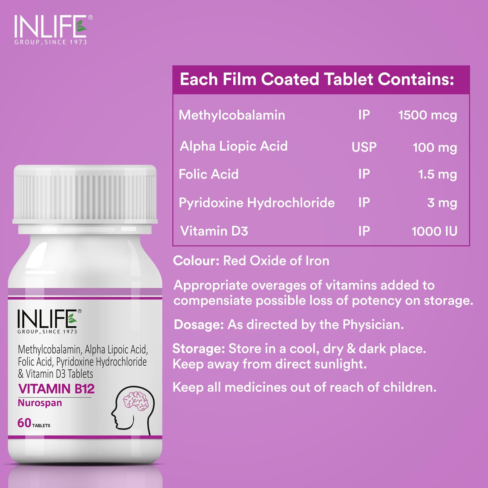 INLIFE Vitamin B12 (Methylcobalamin) 1500mcg Supplement with ALA, Folic Acid, Vitamin D3 | Nerve and Brain Health for Men & Women – 60 Tablets(Pack Of 1, 60) - Image 7