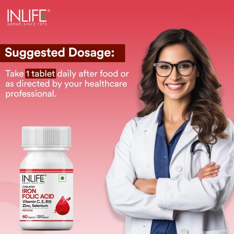 INLIFE Chelated Iron Folic Acid Supplement with Vitamin C, E, B12, Zinc & Selenium for Men Women - 60 Tablets (Pack of 1, 60) - Image 6