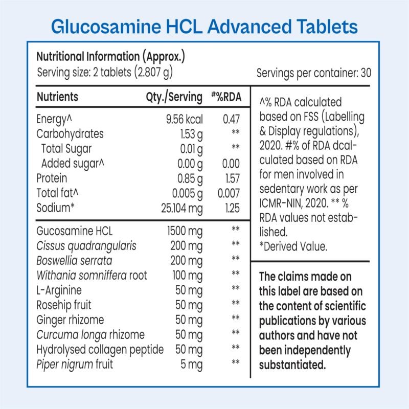 Tata 1mg Glucosamine HCL 1500mg Tablets with Collagen, Boswellia, Rosehip & Arginine - 60 Tablets | For Joint Support & Knee Pain | Supplement for Men & Women | Non-GMO & Soy-Free - Image 2