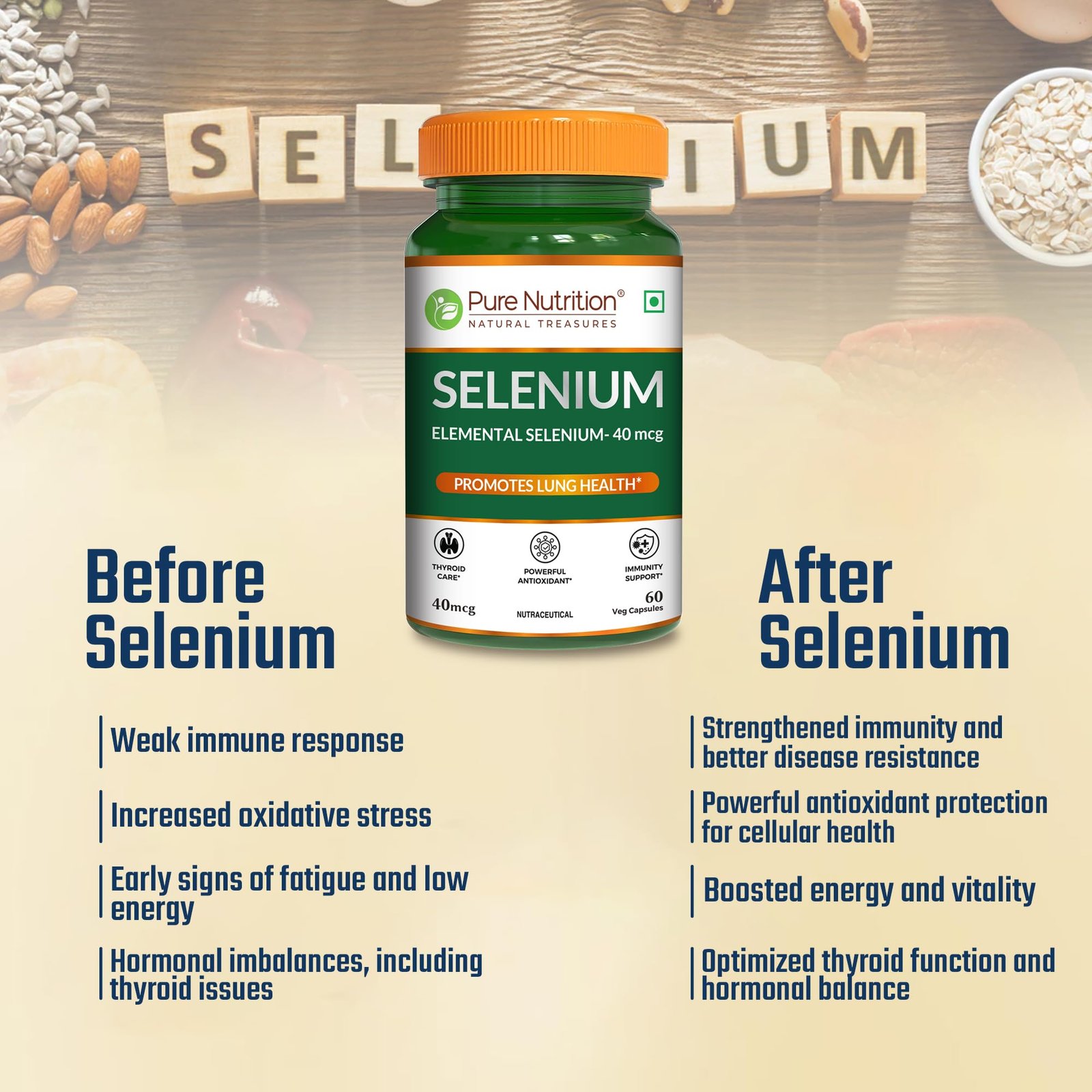 Pure Nutrition Selenium 40mcg, 60 Veg Capsules | Selenium Supplements for Immune System, Supports Healthy Blood Pressure, Thyroid Health & Improves Cholesterol Levels - Image 4