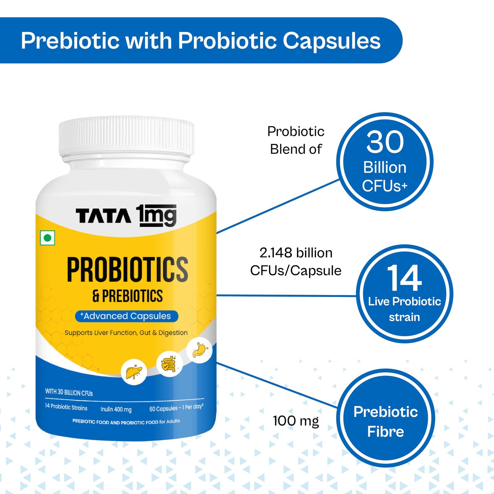 Tata 1mg Probiotics 30 Billion CFUs+ Capsules with Prebiotic Fiber- 60 Count | Gut Health & Digestion Support Supplement | For Men & Women - Image 5