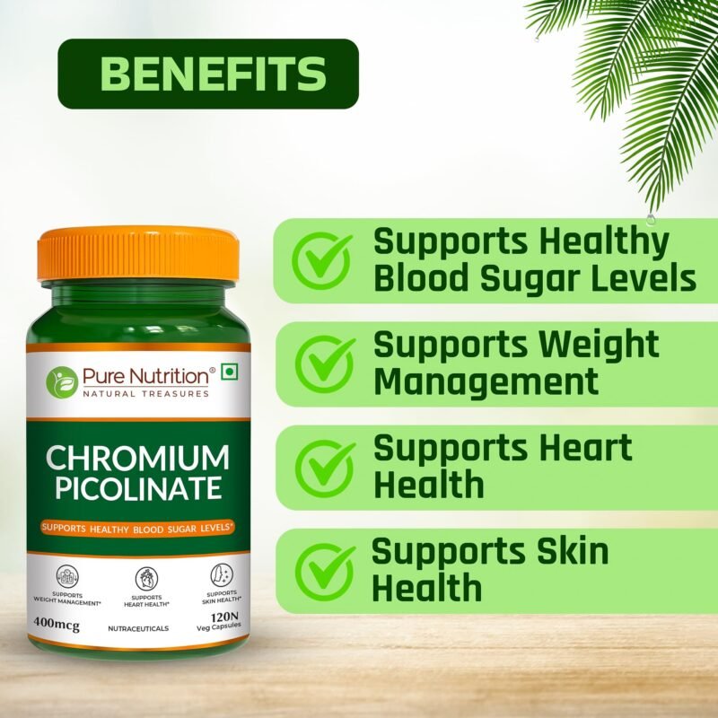 Pure Nutrition Chromium Picolinate (400mcg) - 120 Veg Capsules, | For Healthy Blood Sugar Level | Support Weight Management, Heart Health And Skin Health - Image 7