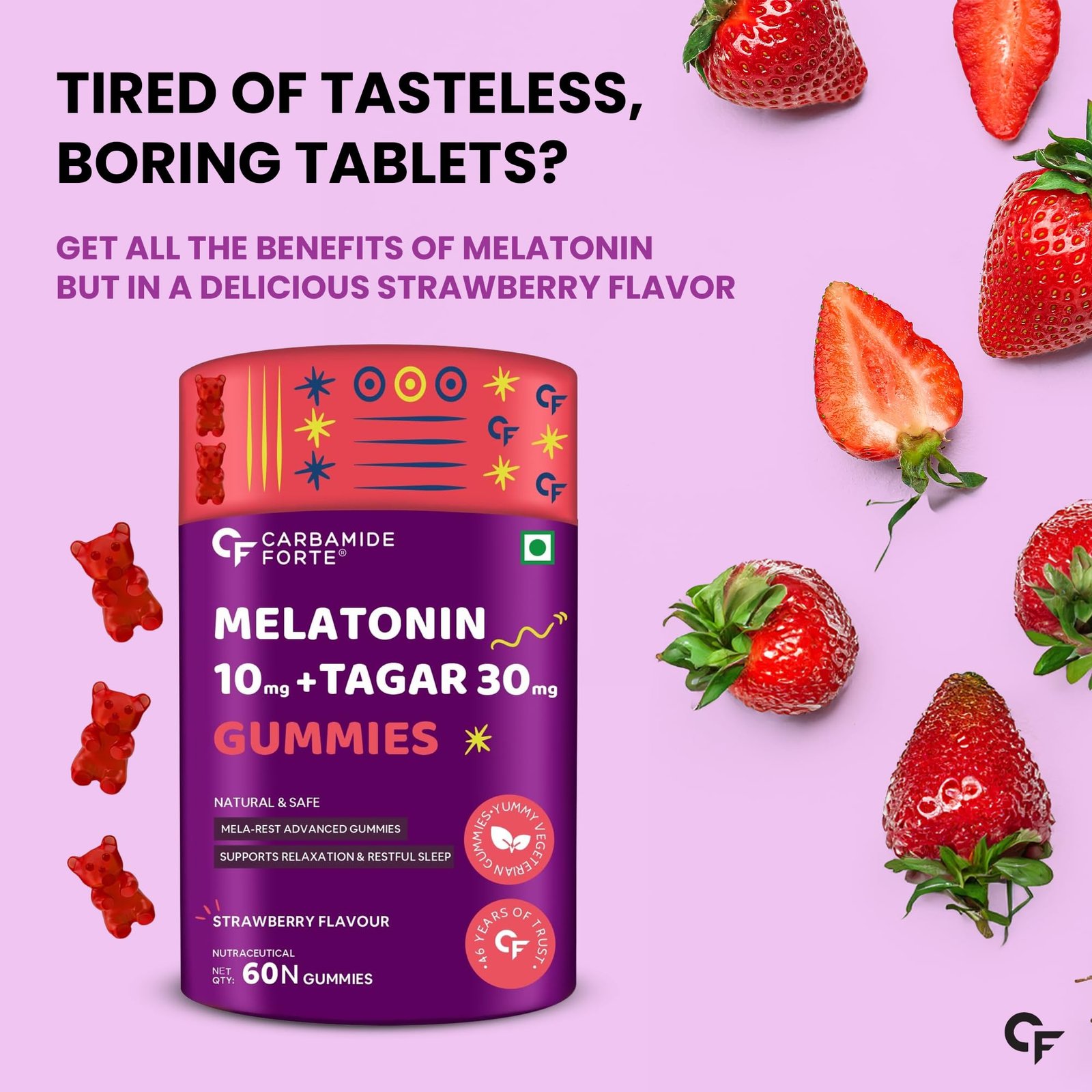 Carbamide Forte Melatonin 10 mg sleep Gummies - with TAGARA, L Tryptophan & Vitamin B6 | Sleep Supplements – 60 Veg Gummies - Image 3