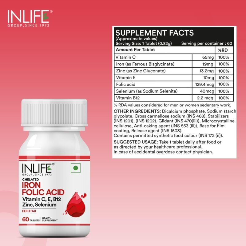 INLIFE Chelated Iron Folic Acid Supplement with Vitamin C, E, B12, Zinc & Selenium for Men Women - 60 Tablets (Pack of 1, 60) - Image 7