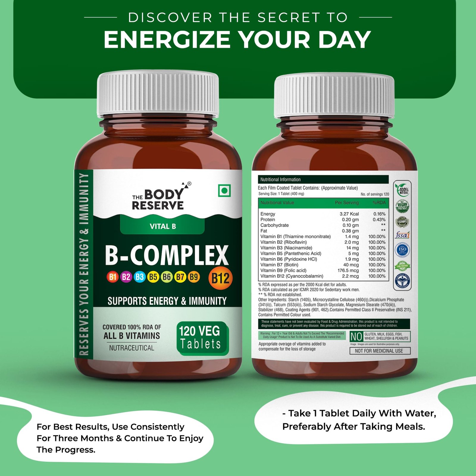 The Body Reserve Vitamin B Complex Tablets- 120 Veg Tablets 100% Rda Of Vitamin B1, B2, B3, B5, B6, B7, B9 & B12, Vitamin B Complex Supplements For Women & Men (4 Months Supply Pack) - Image 2