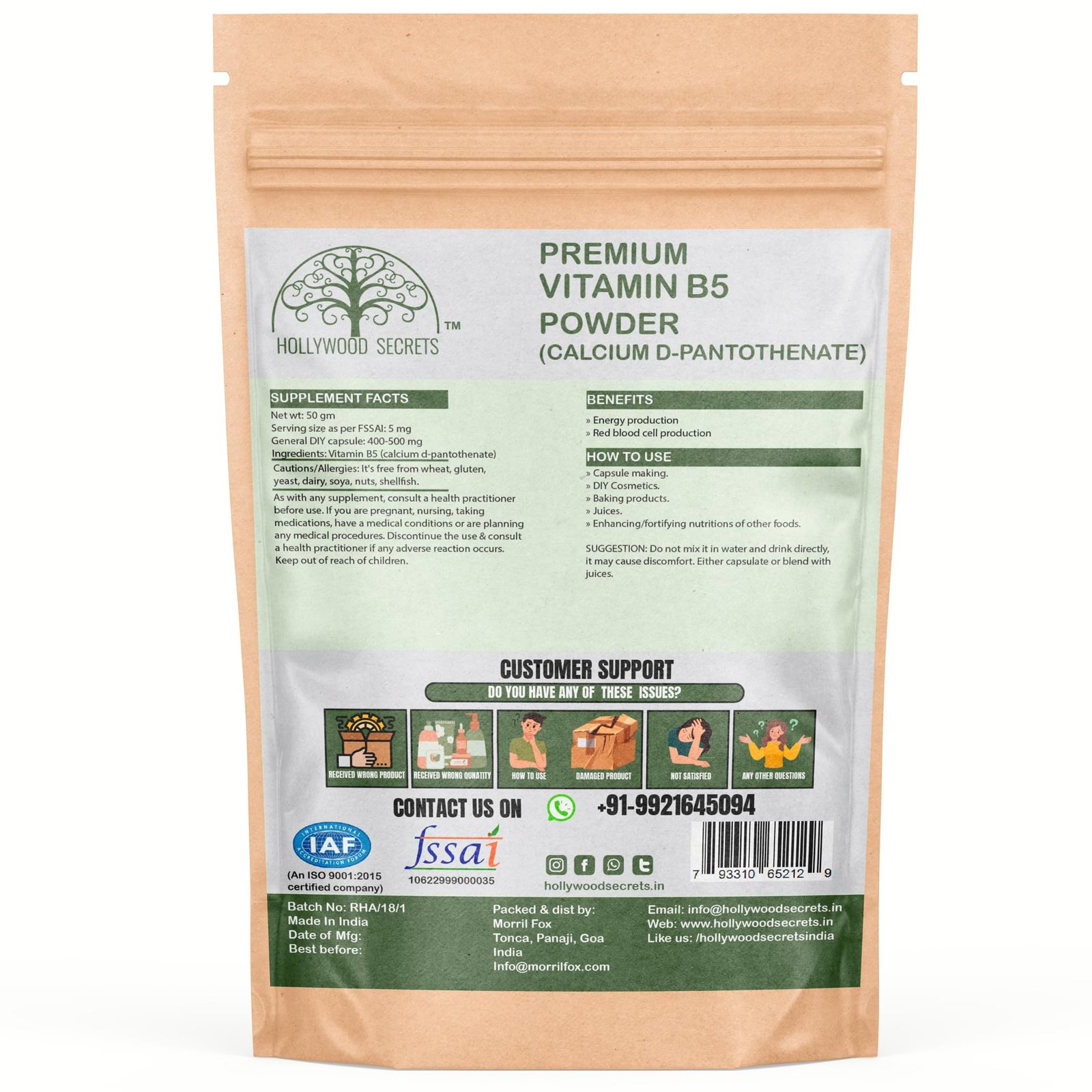 Hollywood Secrets Pure Provitamin B5 Calcium D Pantothenate powder 50gm - Image 6