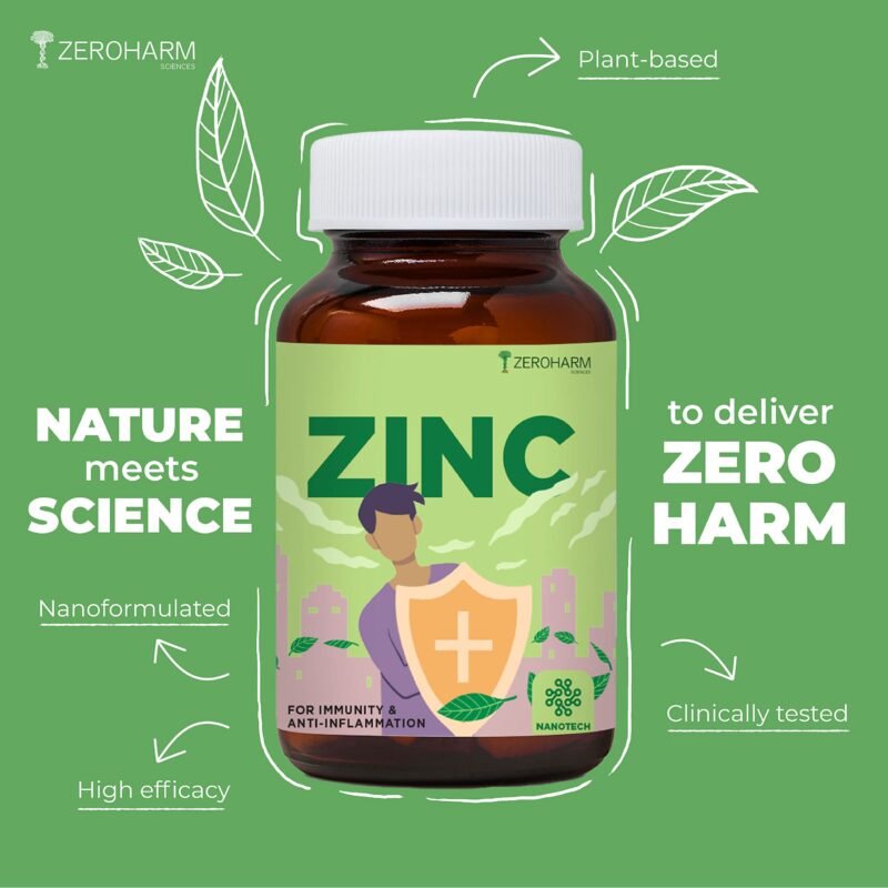 ZEROHARM Zinc Tablets | Guava Leaves Extract | 600mg per Serving | High Absorption Nano Formulated Zinc For Immunity, Skin, Hair, Bone, Vision & Cognitive Health | For Men & Women | 60 Veg Tablets - Image 8