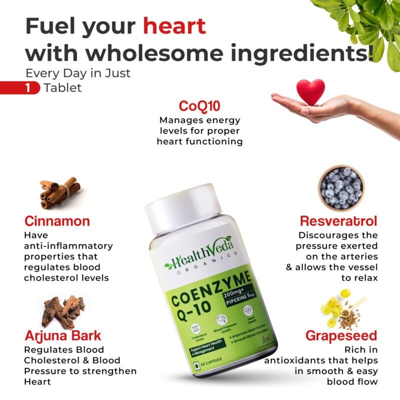 Health Veda Organics Coenzyme Q10 (CoQ10) 200mg with Piperine 95% (Black Pepper Extract) 5mg | Advanced Antioxidant & Heart Health Support with Arjuna, Resveratrol, Garlic | 120 Vegan Capsules - Image 5
