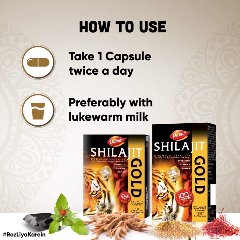 Dabur Shilajit Gold : 100 % Ayurvedic Capsules for Strength , Stamina and Power -20 capsules - Image 2