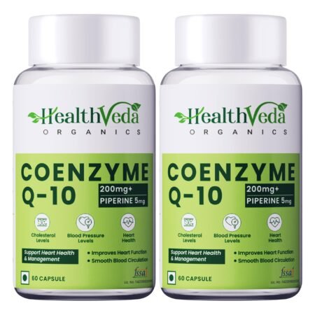 Health Veda Organics Coenzyme Q10 (CoQ10) 200mg with Piperine 95% (Black Pepper Extract) 5mg | Advanced Antioxidant & Heart Health Support with Arjuna, Resveratrol, Garlic | 120 Vegan Capsules
