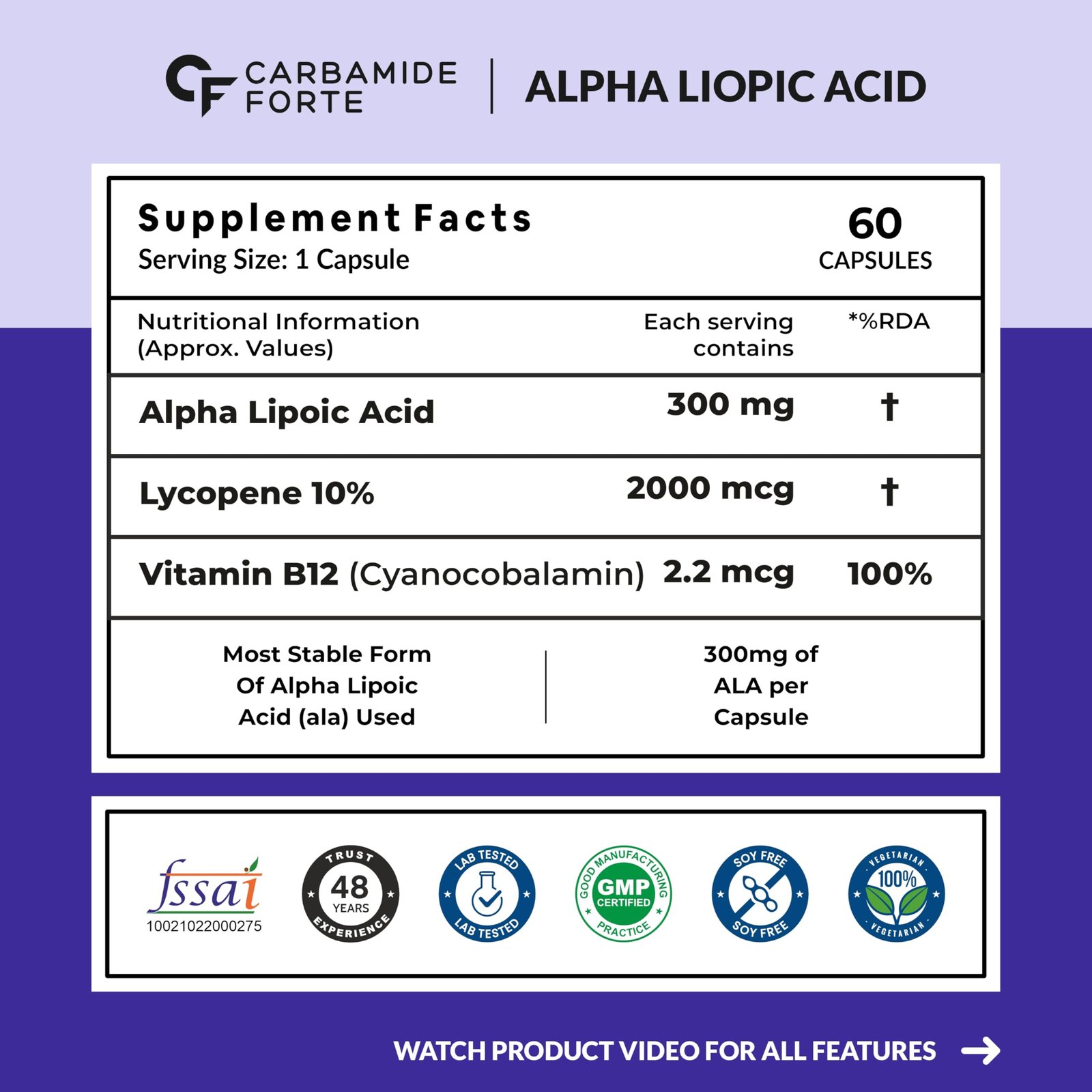 Carbamide Forte Alpha Lipoic Acid 300mg - ALA Capsules with Vitamin B12 & Lycopene | ALA Supplement | Supports Healthy Skin & Immunity - 60 Veg ALA Capsules - Image 9