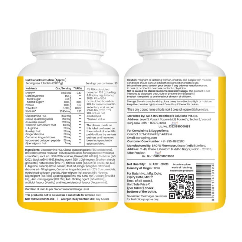 Tata 1mg Glucosamine HCL 1500mg Tablets with Collagen, Boswellia, Rosehip & Arginine - 60 Tablets | For Joint Support & Knee Pain | Supplement for Men & Women | Non-GMO & Soy-Free - Image 7