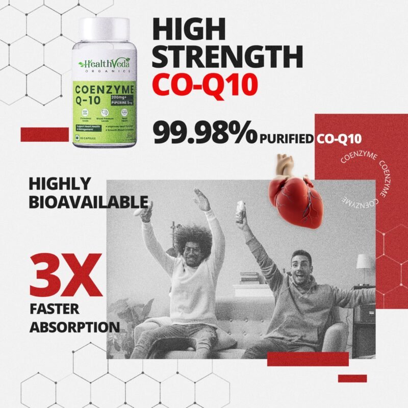 Health Veda Organics Coenzyme Q10 (CoQ10) 200mg with Piperine 95% (Black Pepper Extract) 5mg | Advanced Antioxidant & Heart Health Support with Arjuna, Resveratrol, Garlic | 120 Vegan Capsules - Image 3